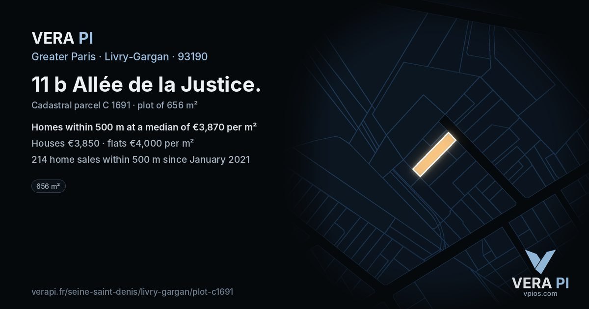 11 b Allée de la Justice, Livry-Gargan at night – the plot lit, the parcels around coloured by the prices near them