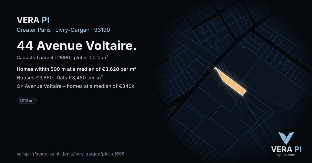 44 Avenue Voltaire, Livry-Gargan at night – the plot lit, the parcels around coloured by the prices near them