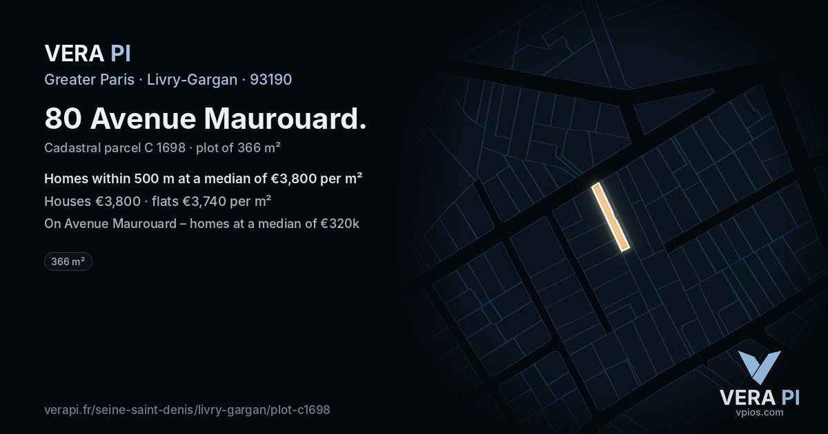 80 Avenue Maurouard, Livry-Gargan at night – the plot lit, the parcels around coloured by the prices near them