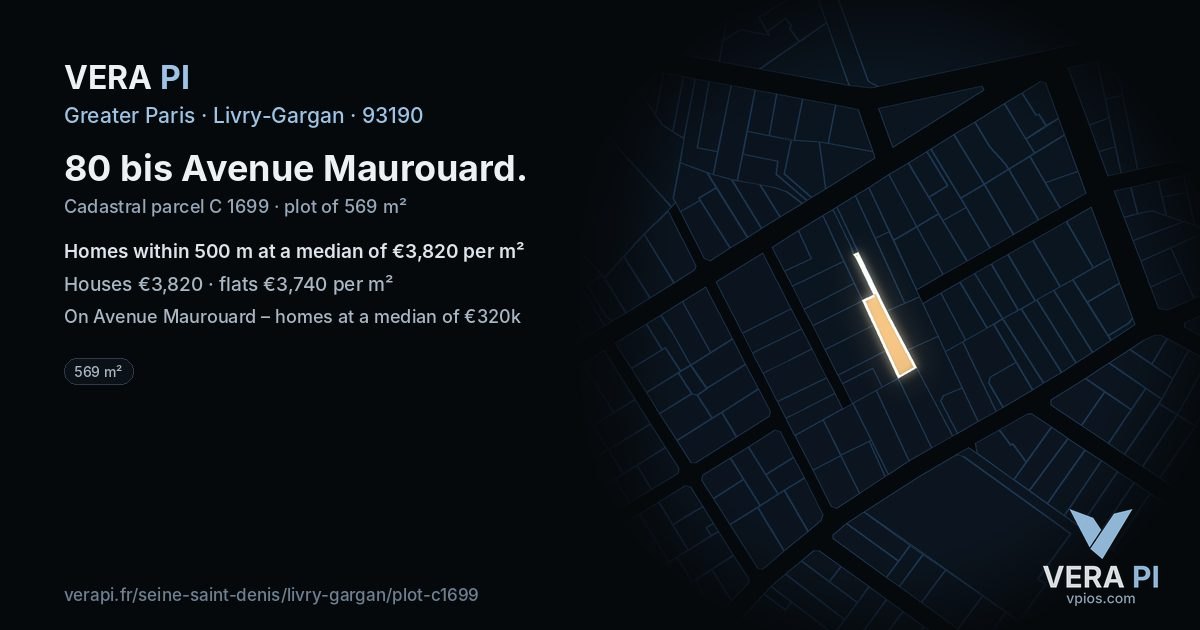 80 bis Avenue Maurouard, Livry-Gargan at night – the plot lit, the parcels around coloured by the prices near them