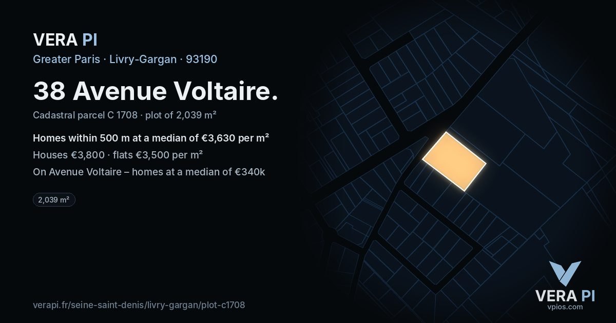 38 Avenue Voltaire, Livry-Gargan at night – the plot lit, the parcels around coloured by the prices near them