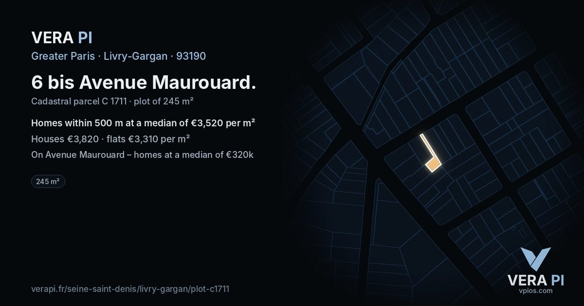 6 bis Avenue Maurouard, Livry-Gargan at night – the plot lit, the parcels around coloured by the prices near them