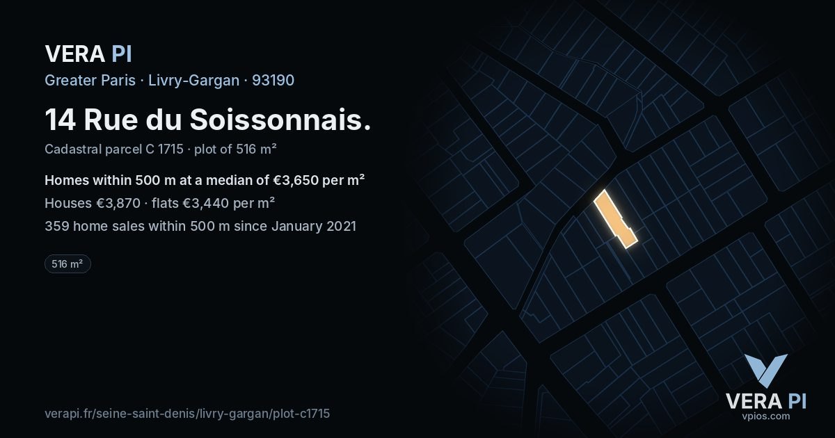 14 Rue du Soissonnais, Livry-Gargan at night – the plot lit, the parcels around coloured by the prices near them