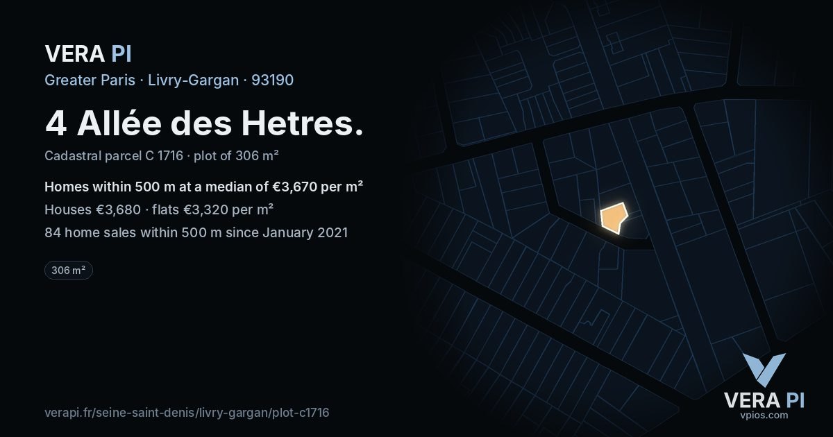 4 Allée des Hetres, Livry-Gargan at night – the plot lit, the parcels around coloured by the prices near them