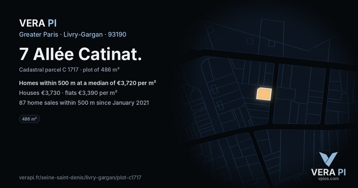 7 Allée Catinat, Livry-Gargan at night – the plot lit, the parcels around coloured by the prices near them