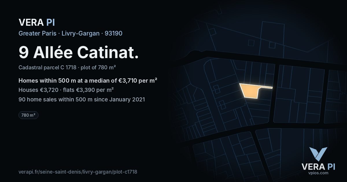 9 Allée Catinat, Livry-Gargan at night – the plot lit, the parcels around coloured by the prices near them