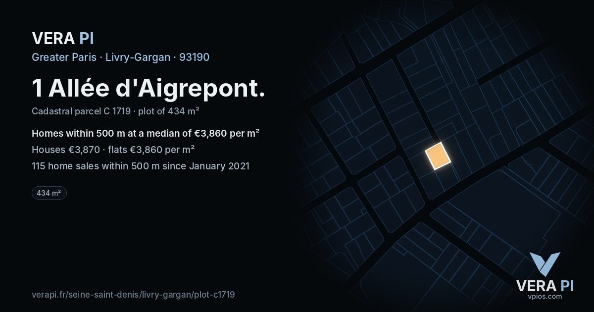 1 Allée d'Aigrepont, Livry-Gargan at night – the plot lit, the parcels around coloured by the prices near them