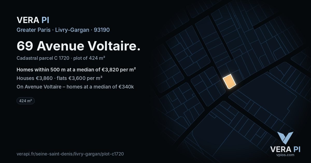 69 Avenue Voltaire, Livry-Gargan at night – the plot lit, the parcels around coloured by the prices near them