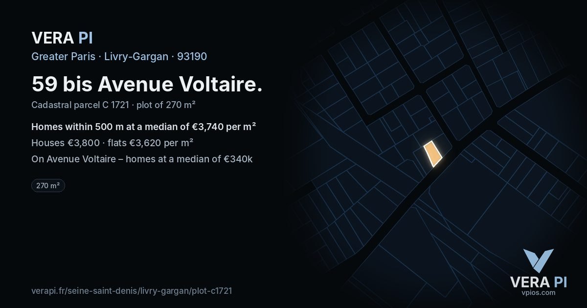 59 bis Avenue Voltaire, Livry-Gargan at night – the plot lit, the parcels around coloured by the prices near them