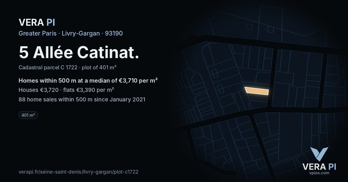 5 Allée Catinat, Livry-Gargan at night – the plot lit, the parcels around coloured by the prices near them