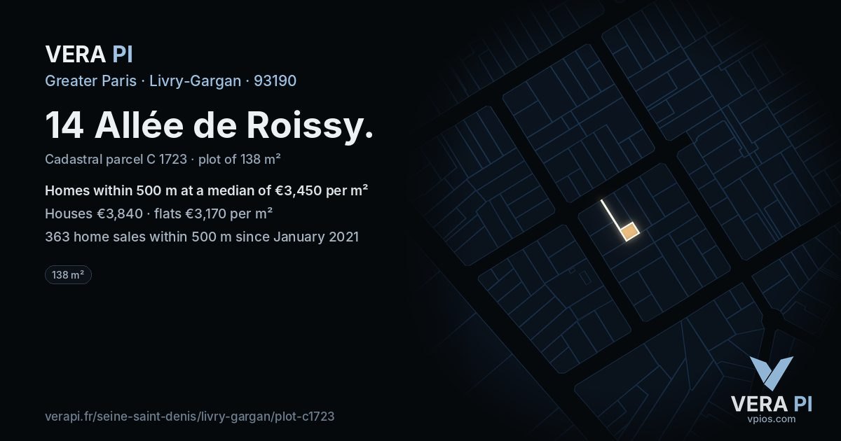 14 Allée de Roissy, Livry-Gargan at night – the plot lit, the parcels around coloured by the prices near them