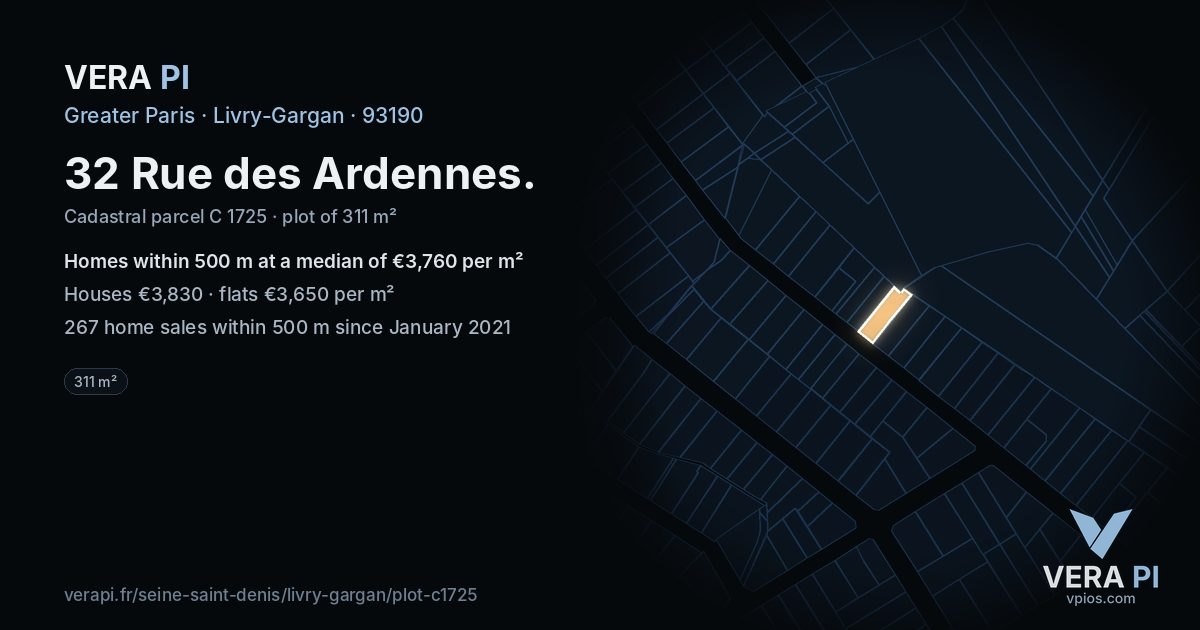 32 Rue des Ardennes, Livry-Gargan at night – the plot lit, the parcels around coloured by the prices near them