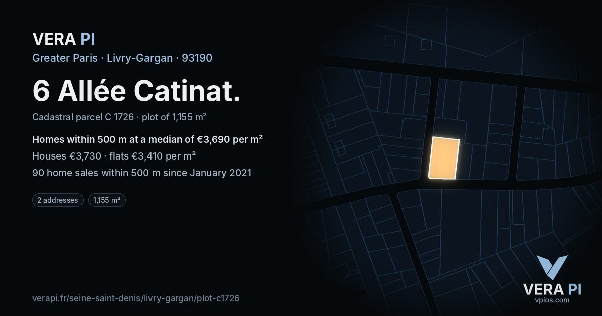 6 Allée Catinat, Livry-Gargan at night – the plot lit, the parcels around coloured by the prices near them