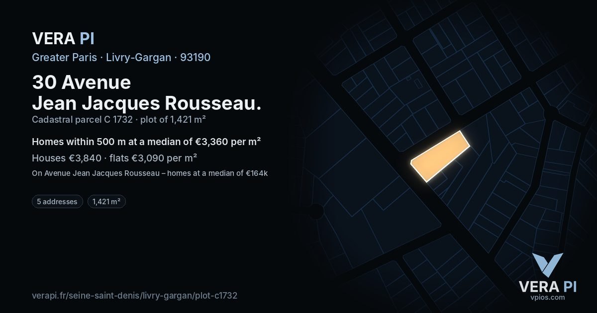 30 Avenue Jean Jacques Rousseau, Livry-Gargan at night – the plot lit, the parcels around coloured by the prices near them