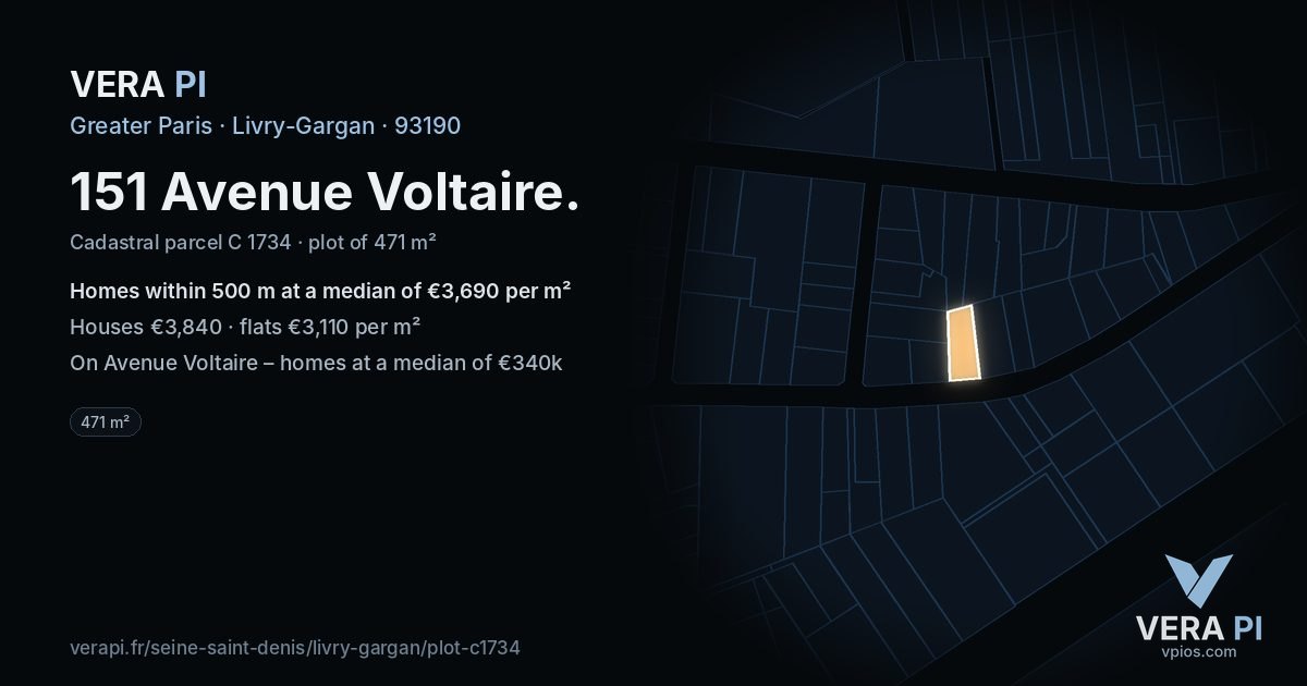 151 Avenue Voltaire, Livry-Gargan at night – the plot lit, the parcels around coloured by the prices near them