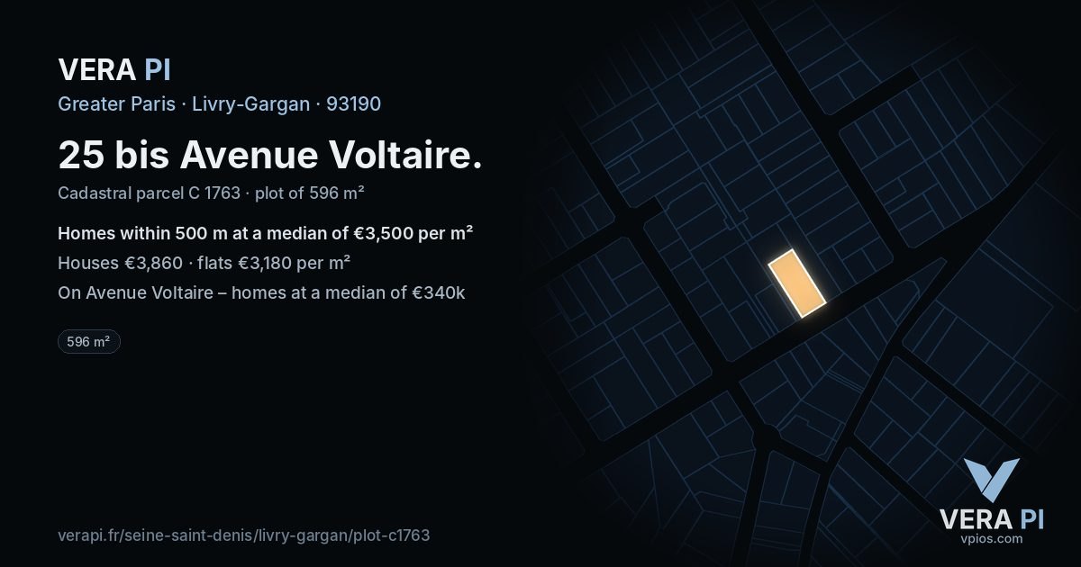25 bis Avenue Voltaire, Livry-Gargan at night – the plot lit, the parcels around coloured by the prices near them