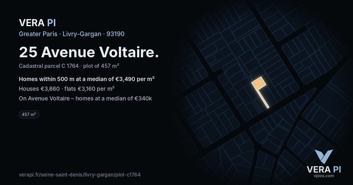 25 Avenue Voltaire, Livry-Gargan at night – the plot lit, the parcels around coloured by the prices near them