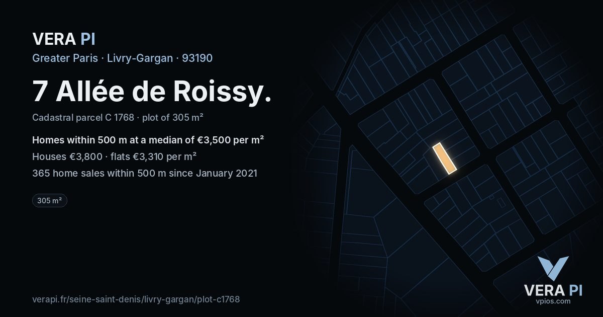 7 Allée de Roissy, Livry-Gargan at night – the plot lit, the parcels around coloured by the prices near them