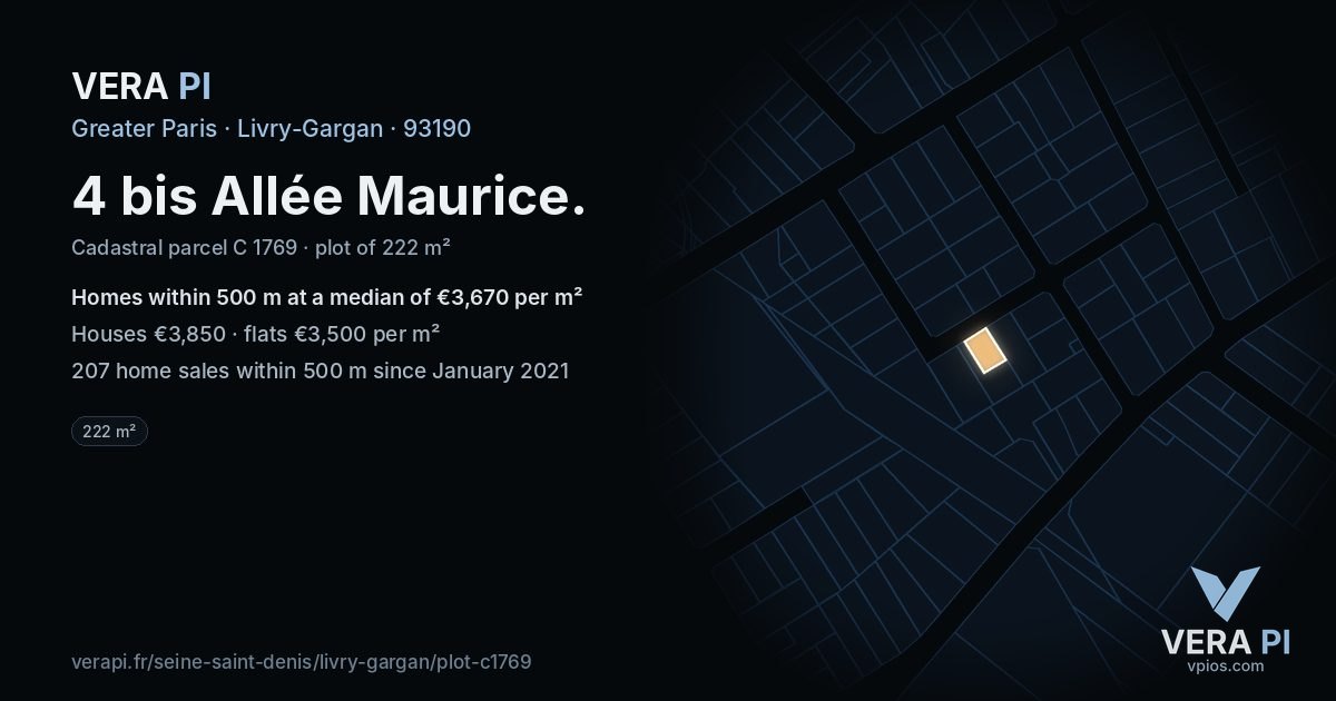 4 bis Allée Maurice, Livry-Gargan at night – the plot lit, the parcels around coloured by the prices near them