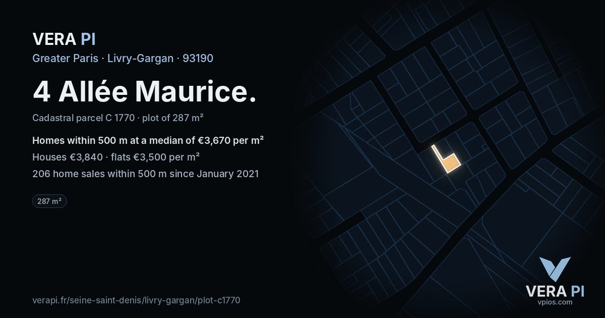 4 Allée Maurice, Livry-Gargan at night – the plot lit, the parcels around coloured by the prices near them