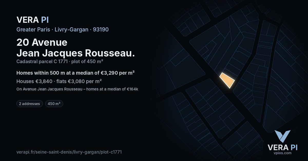 20 Avenue Jean Jacques Rousseau, Livry-Gargan at night – the plot lit, the parcels around coloured by the prices near them