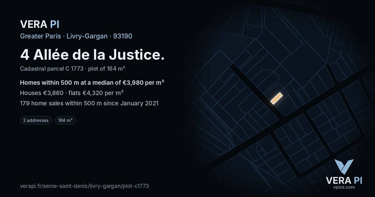 4 Allée de la Justice, Livry-Gargan at night – the plot lit, the parcels around coloured by the prices near them