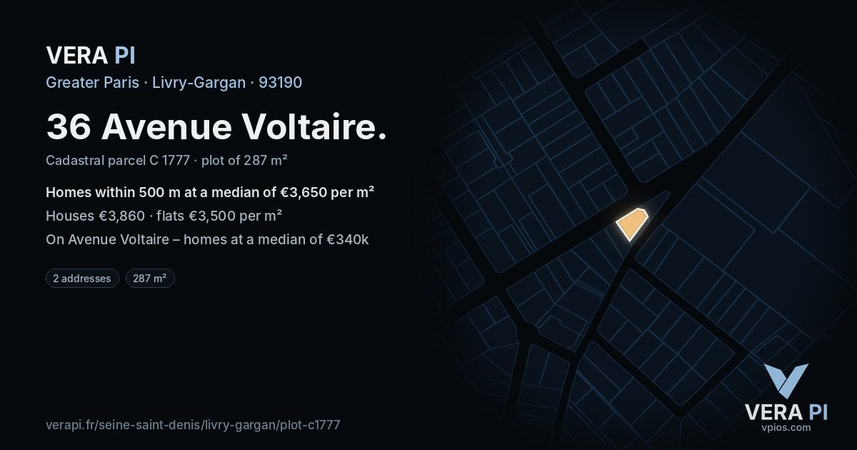 36 Avenue Voltaire, Livry-Gargan at night – the plot lit, the parcels around coloured by the prices near them