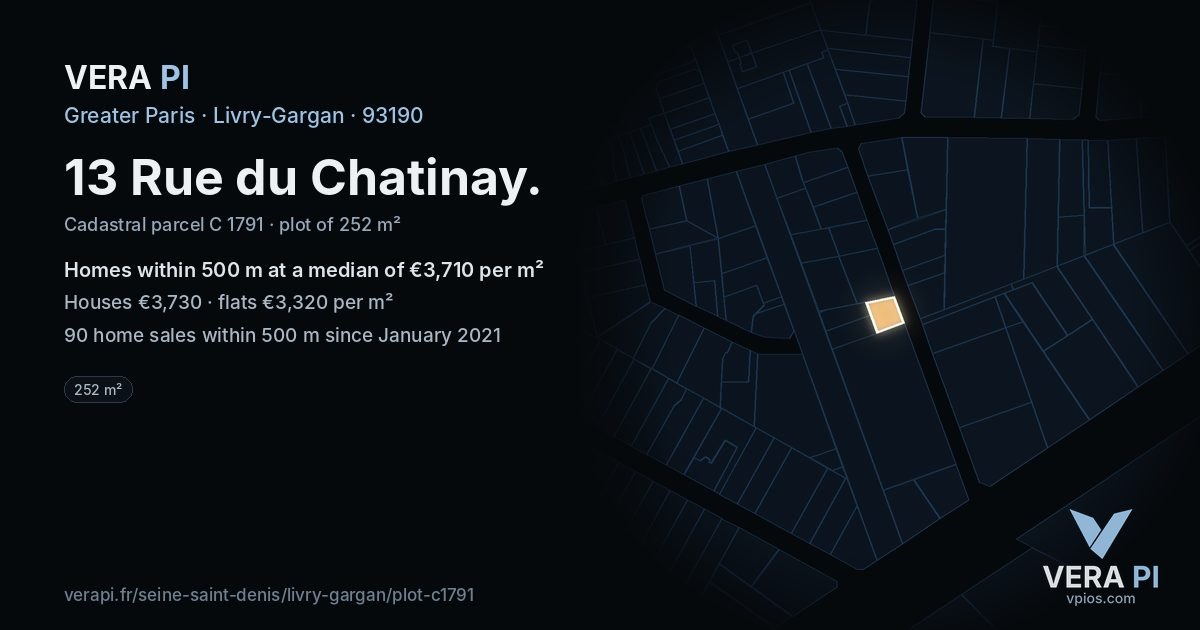 13 Rue du Chatinay, Livry-Gargan at night – the plot lit, the parcels around coloured by the prices near them