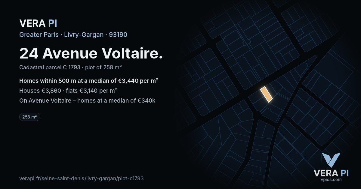 24 Avenue Voltaire, Livry-Gargan at night – the plot lit, the parcels around coloured by the prices near them