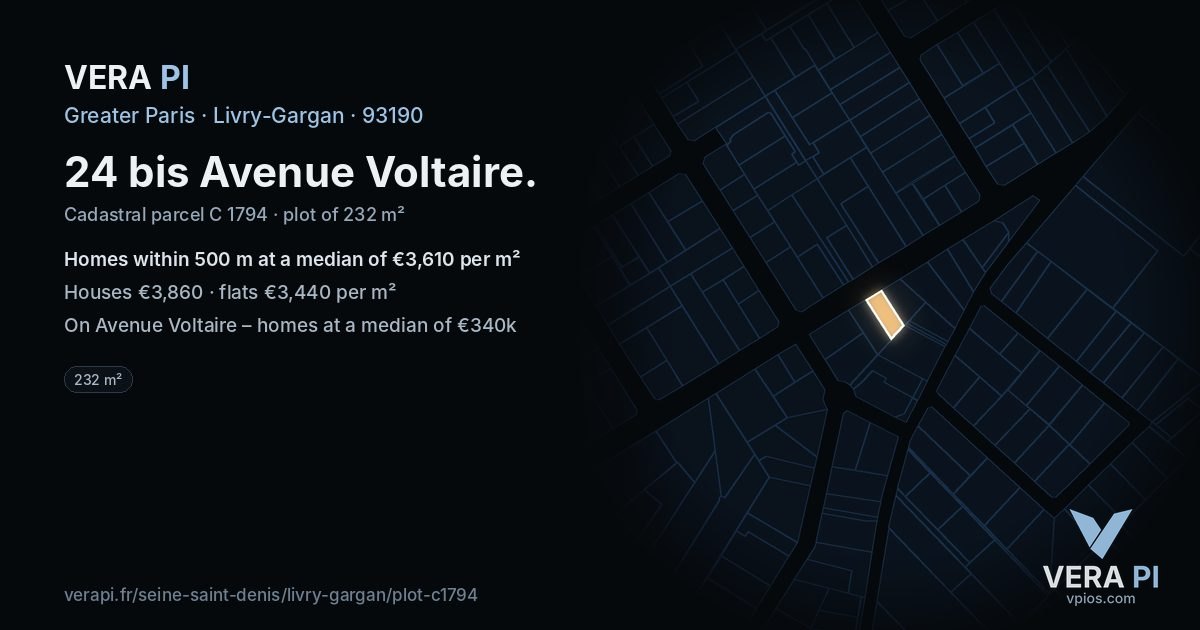 24 bis Avenue Voltaire, Livry-Gargan at night – the plot lit, the parcels around coloured by the prices near them