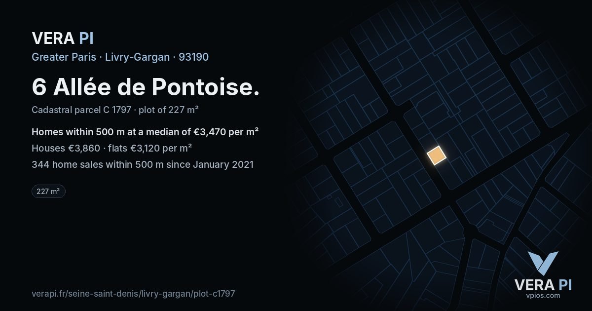 6 Allée de Pontoise, Livry-Gargan at night – the plot lit, the parcels around coloured by the prices near them