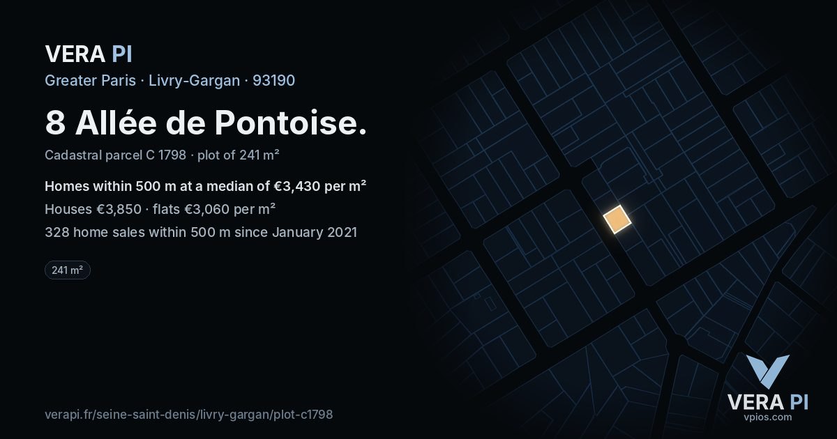 8 Allée de Pontoise, Livry-Gargan at night – the plot lit, the parcels around coloured by the prices near them
