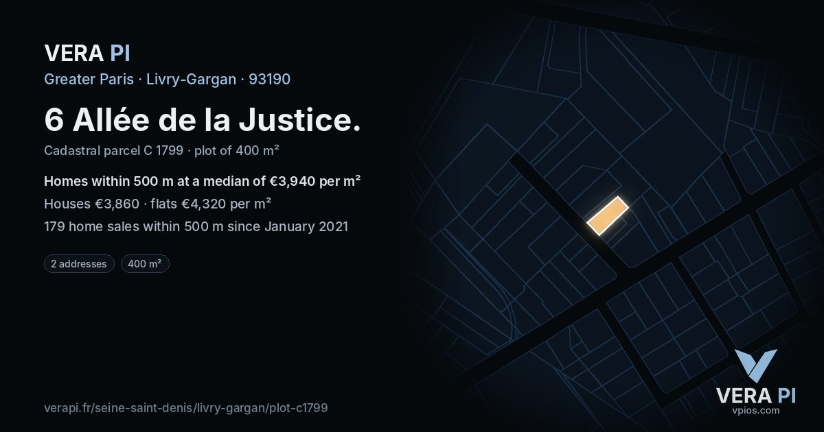 6 Allée de la Justice, Livry-Gargan at night – the plot lit, the parcels around coloured by the prices near them