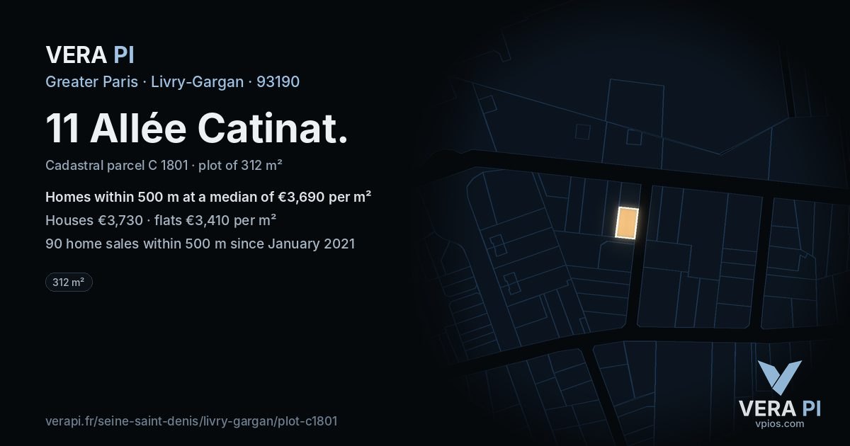 11 Allée Catinat, Livry-Gargan at night – the plot lit, the parcels around coloured by the prices near them