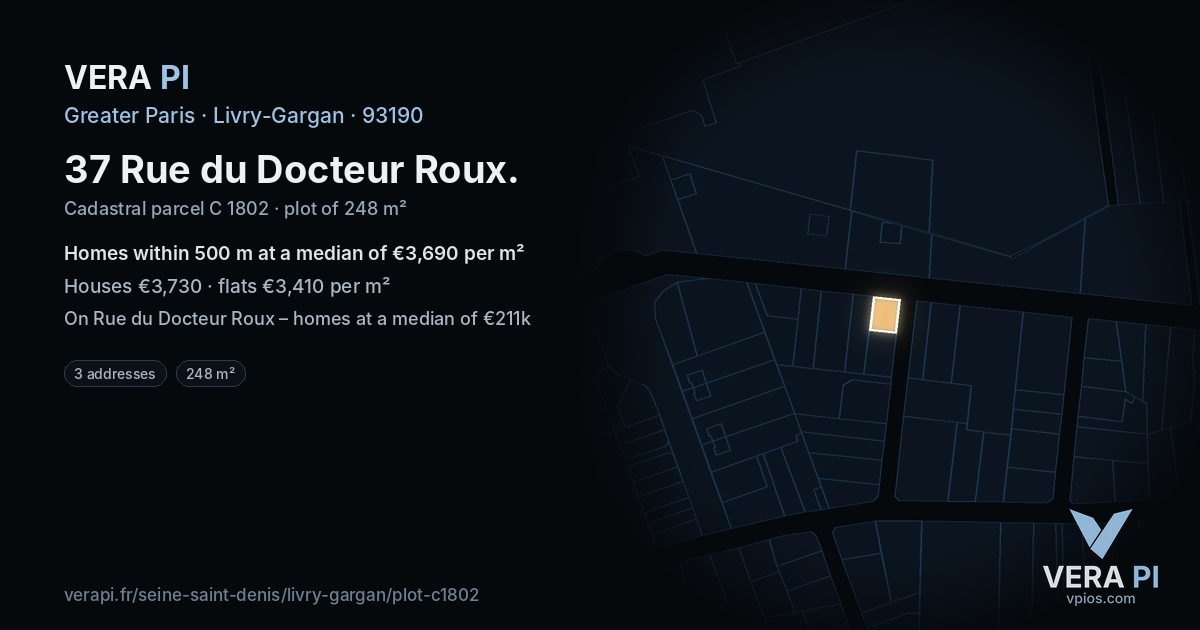 37 Rue du Docteur Roux, Livry-Gargan at night – the plot lit, the parcels around coloured by the prices near them