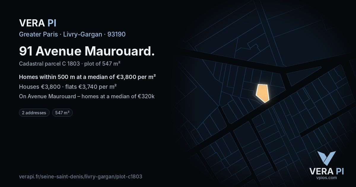 91 Avenue Maurouard, Livry-Gargan at night – the plot lit, the parcels around coloured by the prices near them
