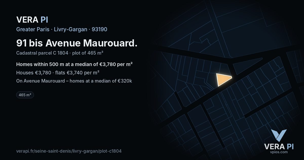 91 bis Avenue Maurouard, Livry-Gargan at night – the plot lit, the parcels around coloured by the prices near them