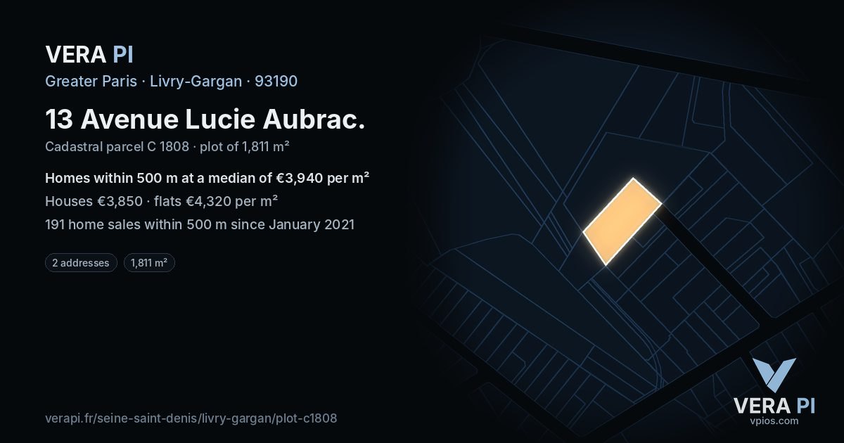 13 Avenue Lucie Aubrac, Livry-Gargan at night – the plot lit, the parcels around coloured by the prices near them