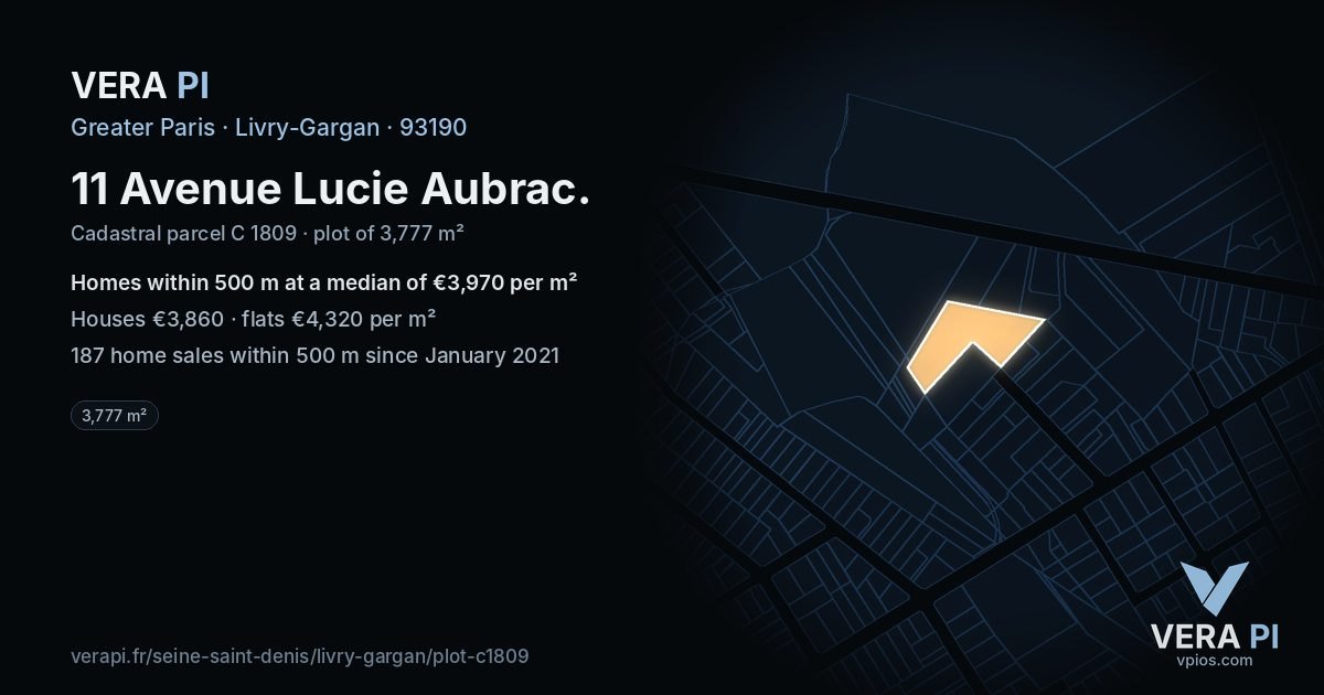11 Avenue Lucie Aubrac, Livry-Gargan at night – the plot lit, the parcels around coloured by the prices near them