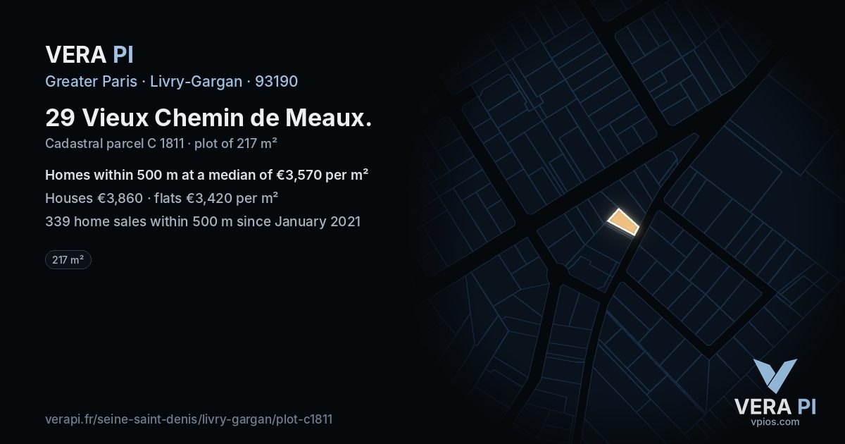 29 Vieux Chemin de Meaux, Livry-Gargan at night – the plot lit, the parcels around coloured by the prices near them