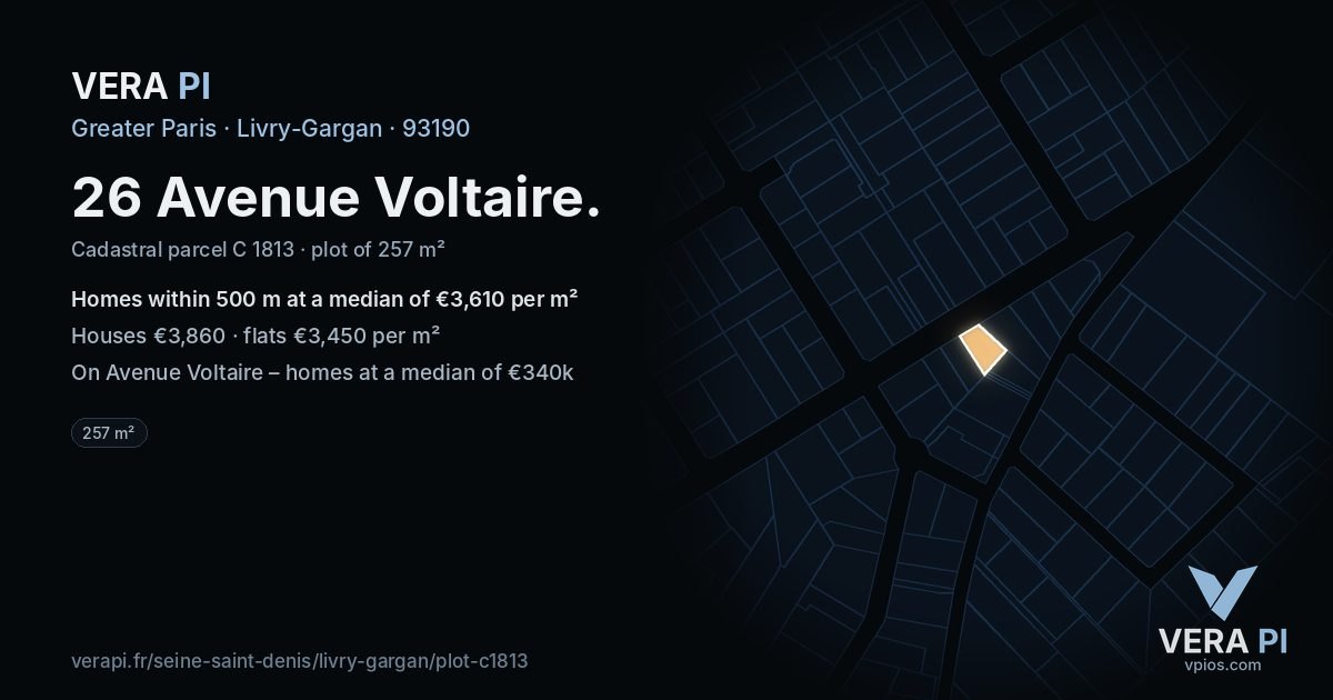 26 Avenue Voltaire, Livry-Gargan at night – the plot lit, the parcels around coloured by the prices near them