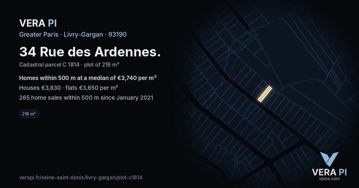 34 Rue des Ardennes, Livry-Gargan at night – the plot lit, the parcels around coloured by the prices near them