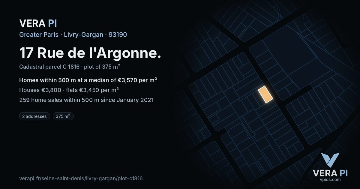 17 Rue de l'Argonne, Livry-Gargan at night – the plot lit, the parcels around coloured by the prices near them