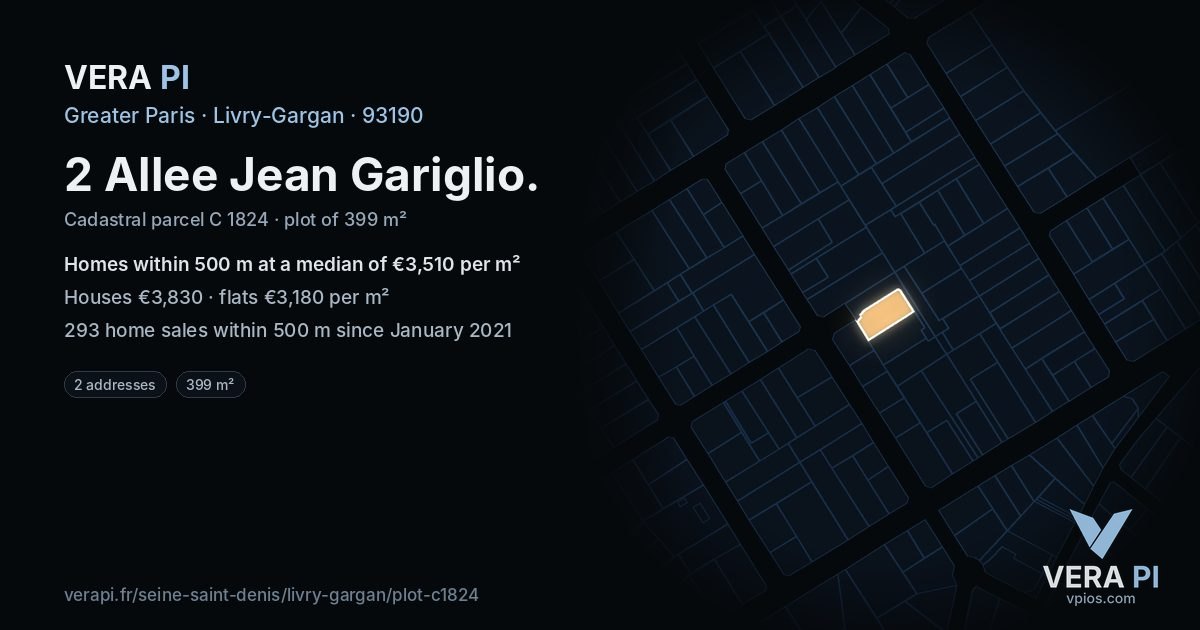 2 Allee Jean Gariglio, Livry-Gargan at night – the plot lit, the parcels around coloured by the prices near them