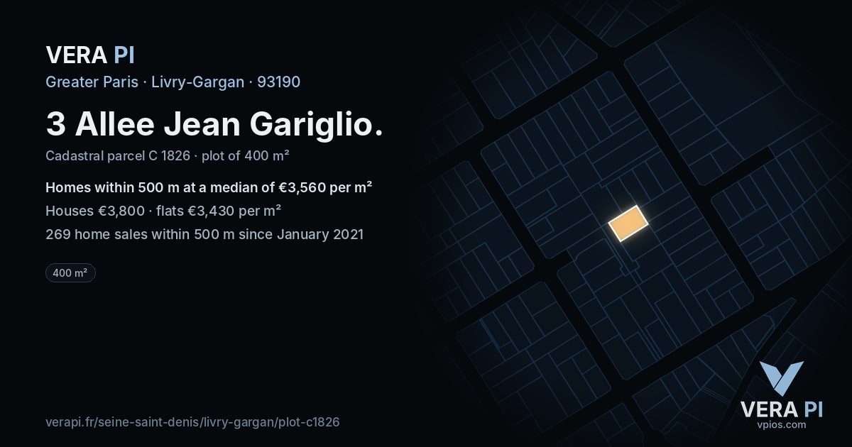 3 Allee Jean Gariglio, Livry-Gargan at night – the plot lit, the parcels around coloured by the prices near them