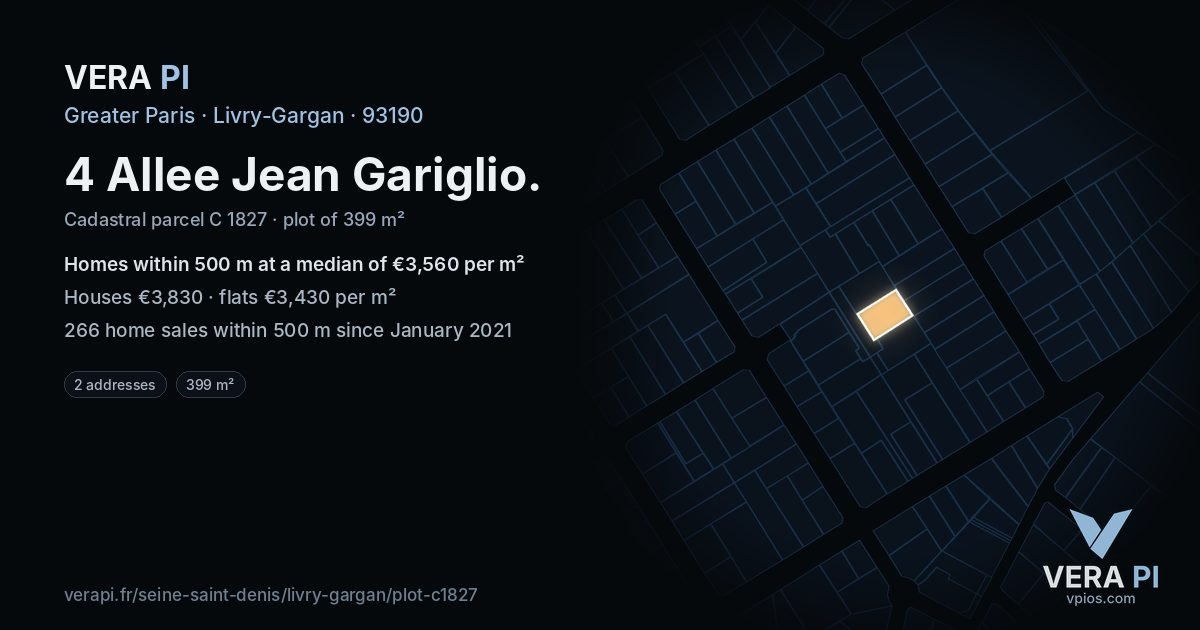 4 Allee Jean Gariglio, Livry-Gargan at night – the plot lit, the parcels around coloured by the prices near them