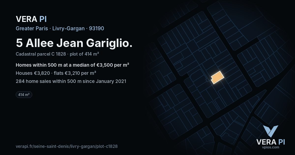 5 Allee Jean Gariglio, Livry-Gargan at night – the plot lit, the parcels around coloured by the prices near them