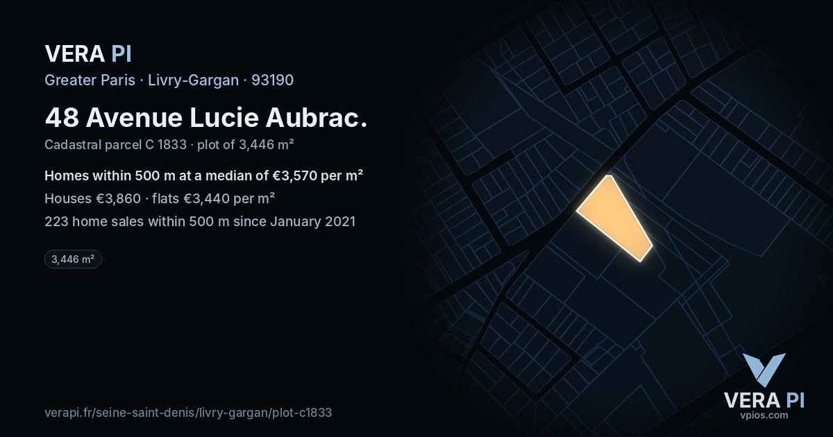 48 Avenue Lucie Aubrac, Livry-Gargan at night – the plot lit, the parcels around coloured by the prices near them