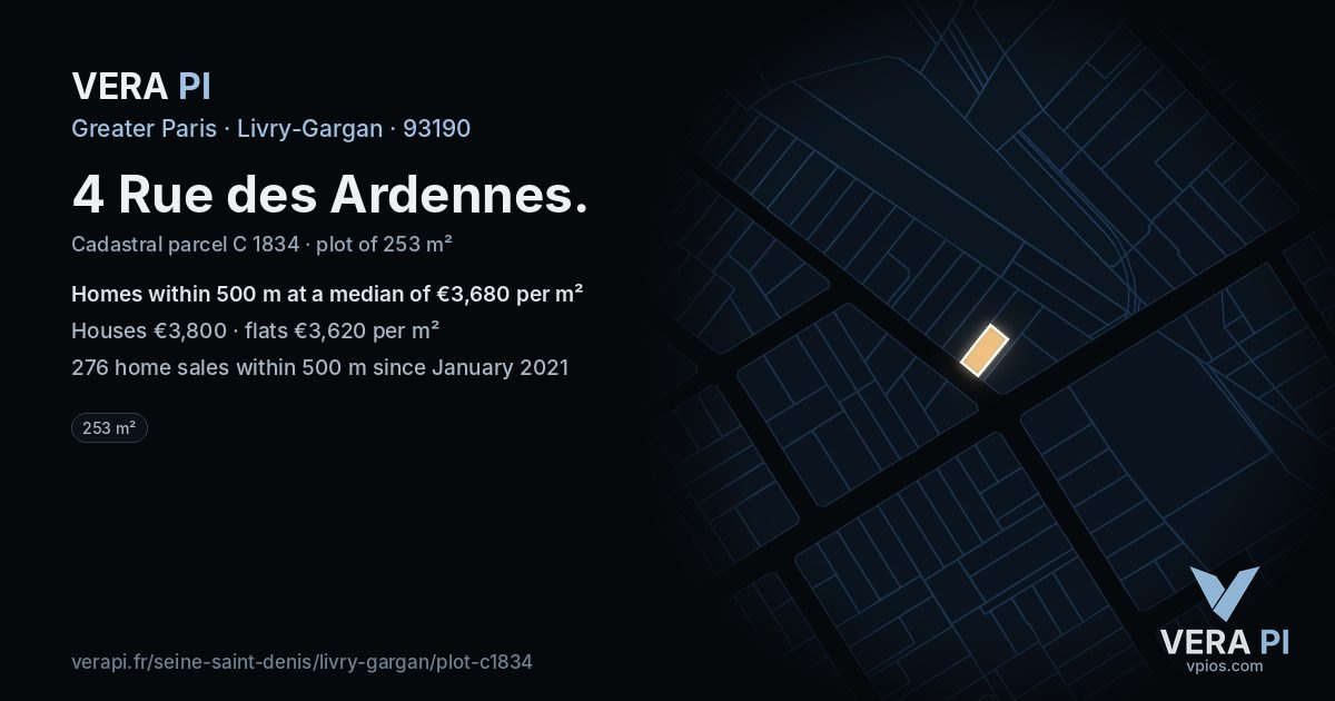 4 Rue des Ardennes, Livry-Gargan at night – the plot lit, the parcels around coloured by the prices near them
