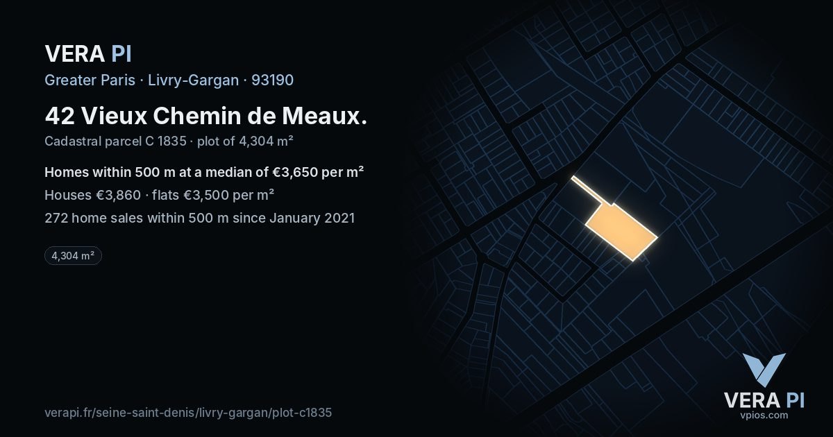 42 Vieux Chemin de Meaux, Livry-Gargan at night – the plot lit, the parcels around coloured by the prices near them